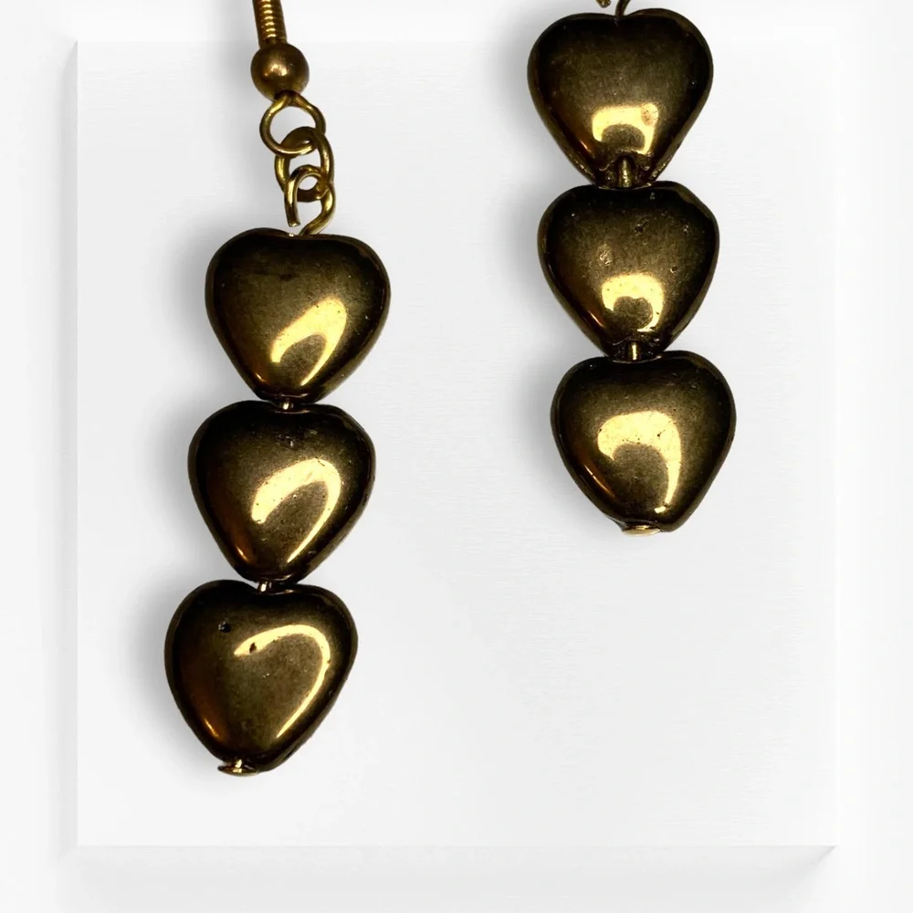 HAND CRAFTED Earrings Hearts Bronze Glass Beads Dangle Drop Long Pierced - Picture 2 of 5